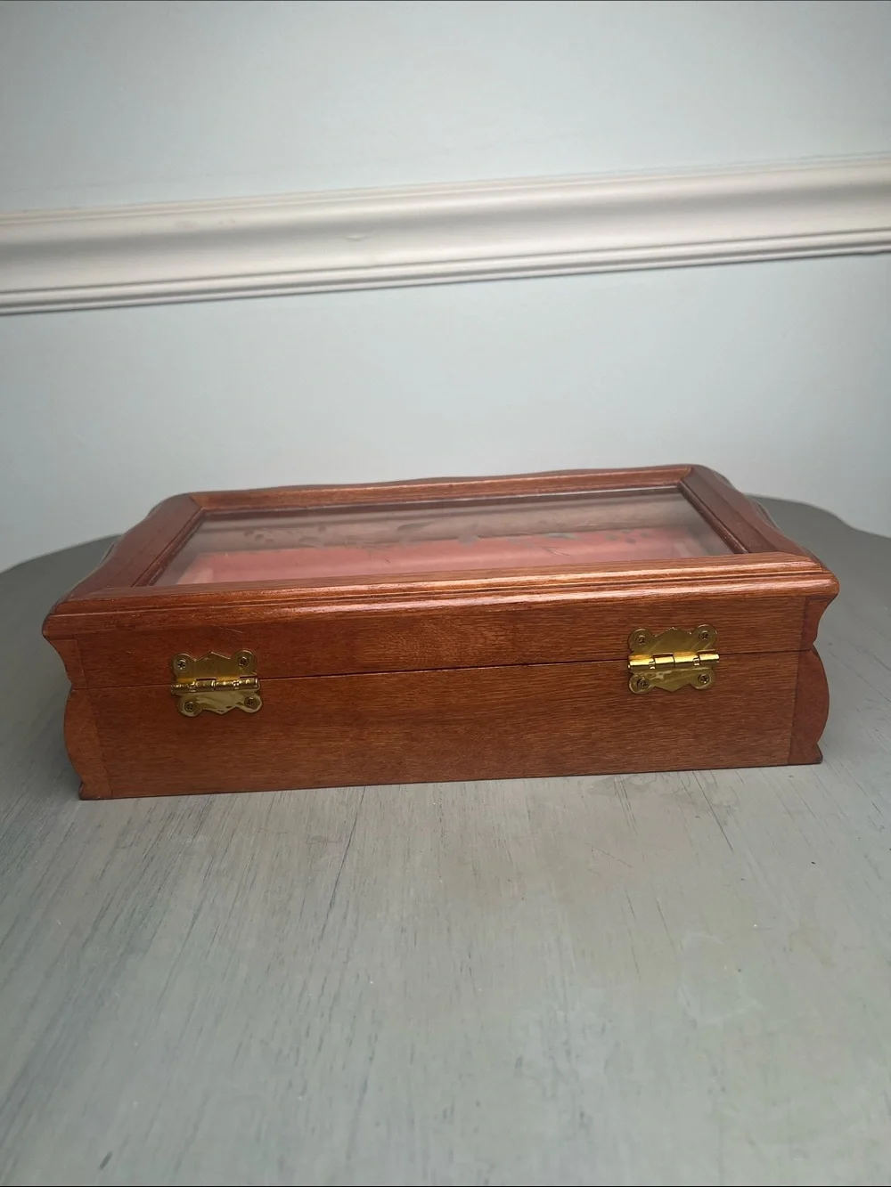 Vintage walnut etched glass jewelry/watch/treasure box. Beautiful curved lines.
